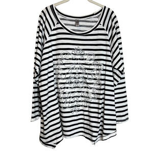 Avenue Womens Embroidered Tee Size 18/20 Black White Striped 3/4 Sleeve Cotton